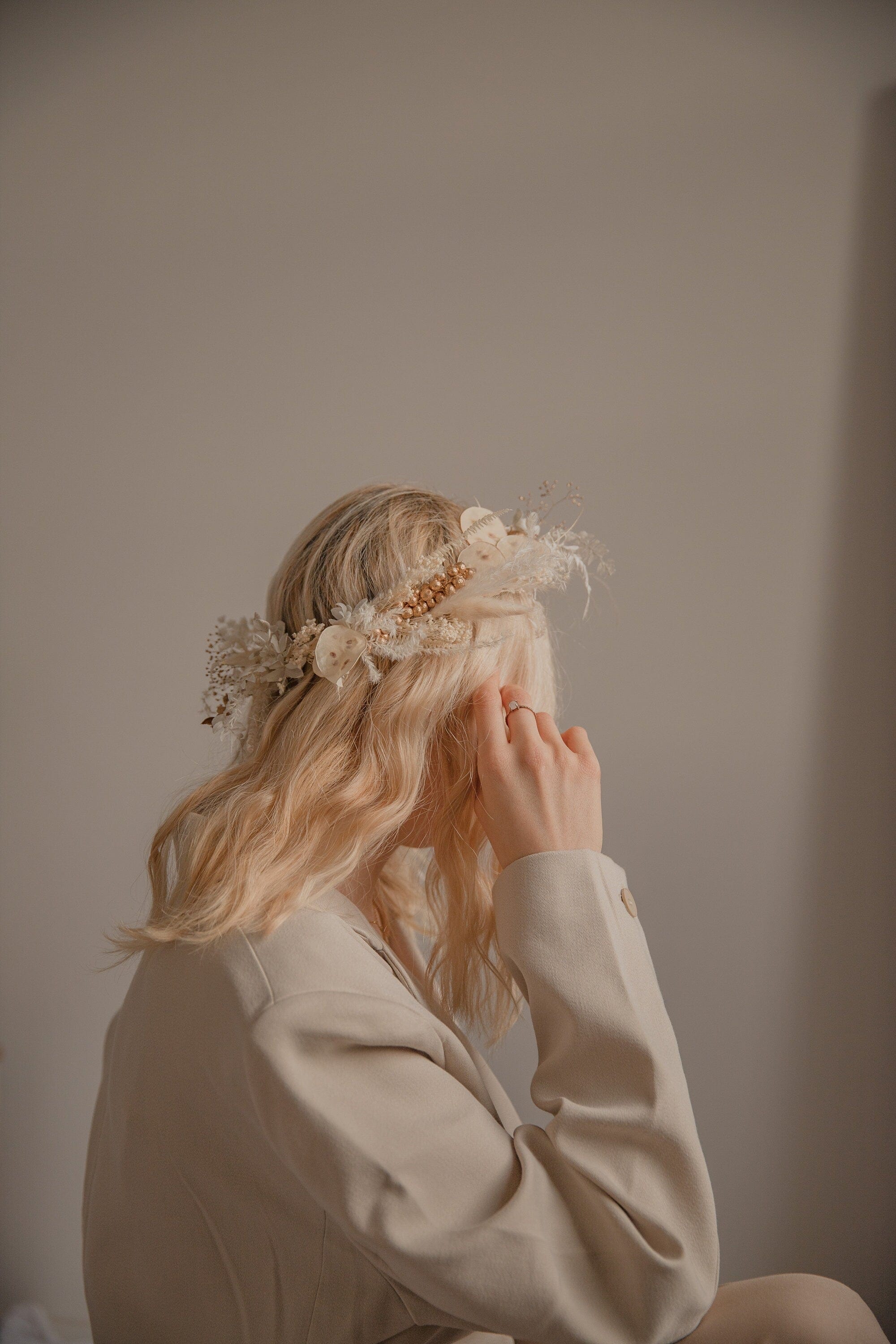 hiddenbotanicsweddings Hair Crowns Golden Berries and Preserved Lunaria Crown/ Pampas Grass Dried Grasses Crown / Dried Flower Crown / Boho Bridal Crown
