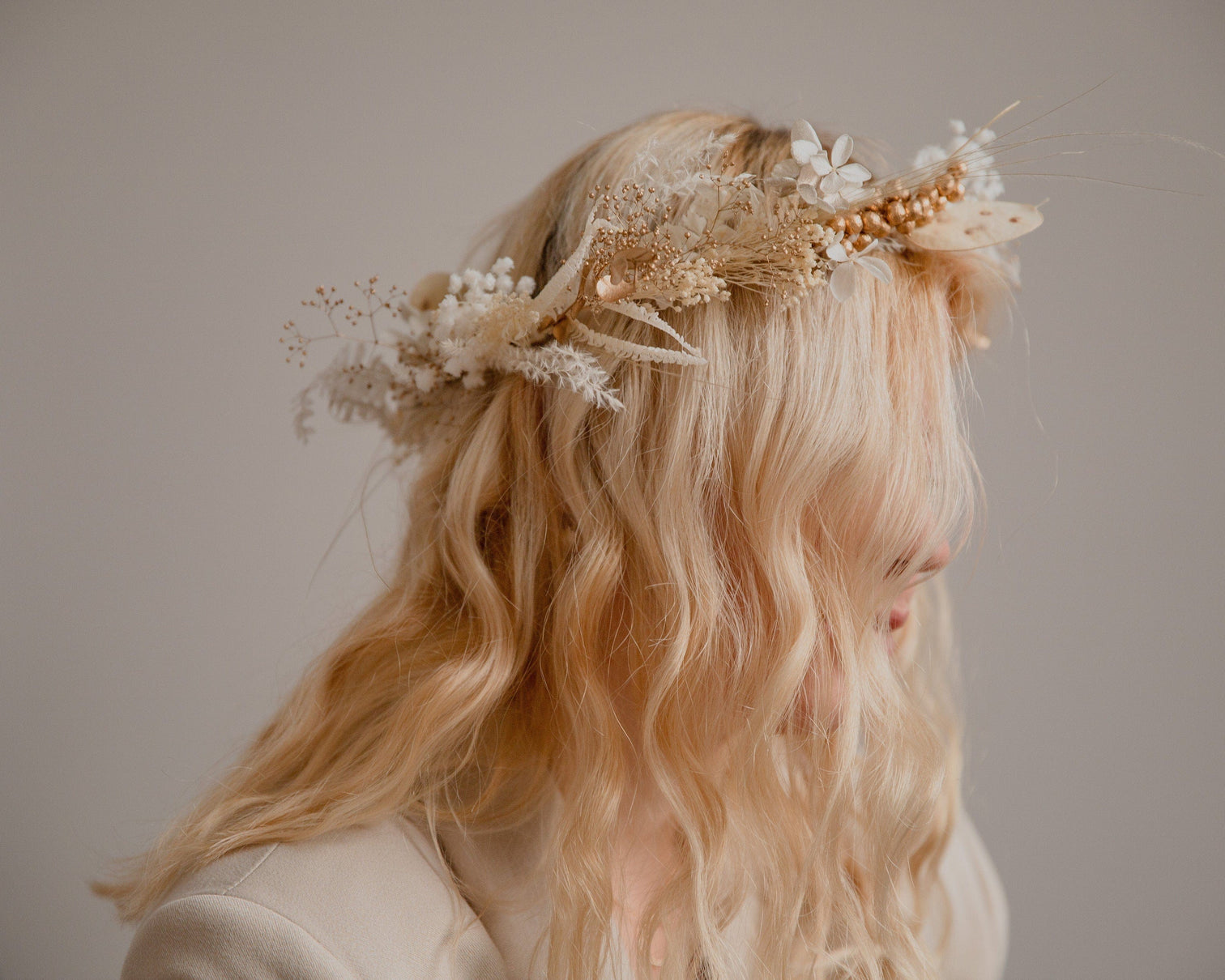 hiddenbotanicsweddings Hair Crowns Golden Berries and Preserved Lunaria Crown/ Pampas Grass Dried Grasses Crown / Dried Flower Crown / Boho Bridal Crown