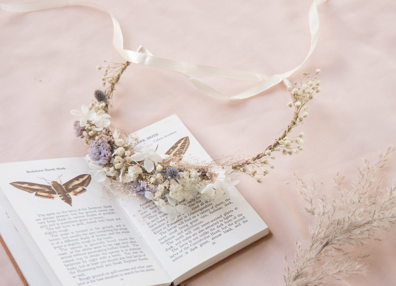 hiddenbotanicsweddings Hair Crowns Hydrangea Wedding Half Crown / Baby's Breath Dried Grasses Crown / Dried Flower Crown / Boho Bridal Crown