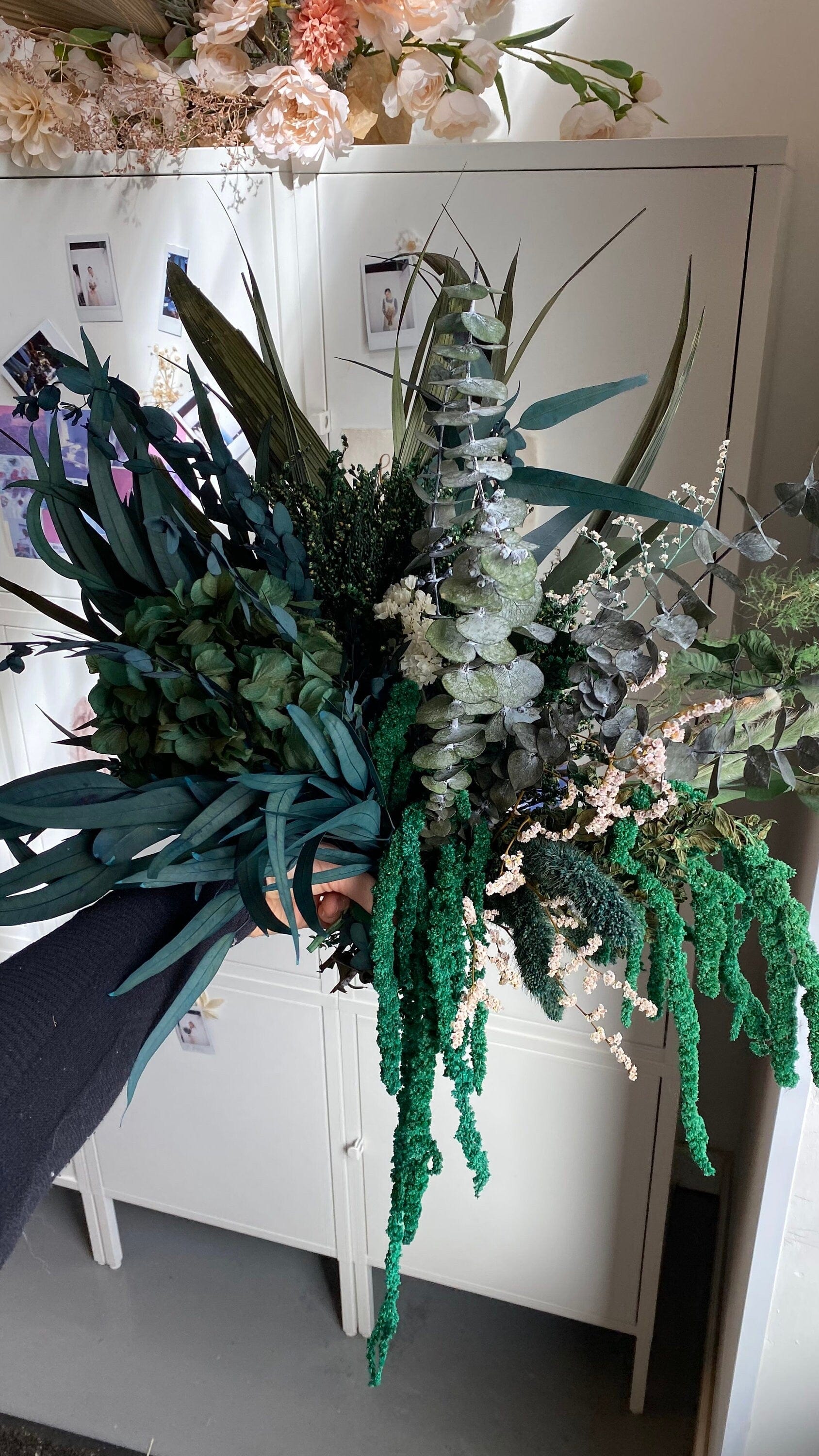 hiddenbotanicsweddings All Preserved Green Hydrangea & Amaranthus With Eucalyptus Bridal Woodland Bouquet / Boho Bride Bouquet / Forest Bouquet / Elven Bouquet
