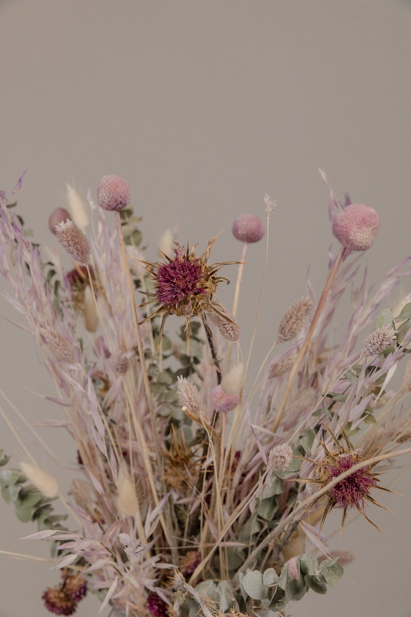 hiddenbotanicsweddings Dried Purple Artichoke & Pastel Lilac Dried Flowers, Pale Eucalpytus Wildflower Loose Stems Boho Wedding Decoration Home Decoration