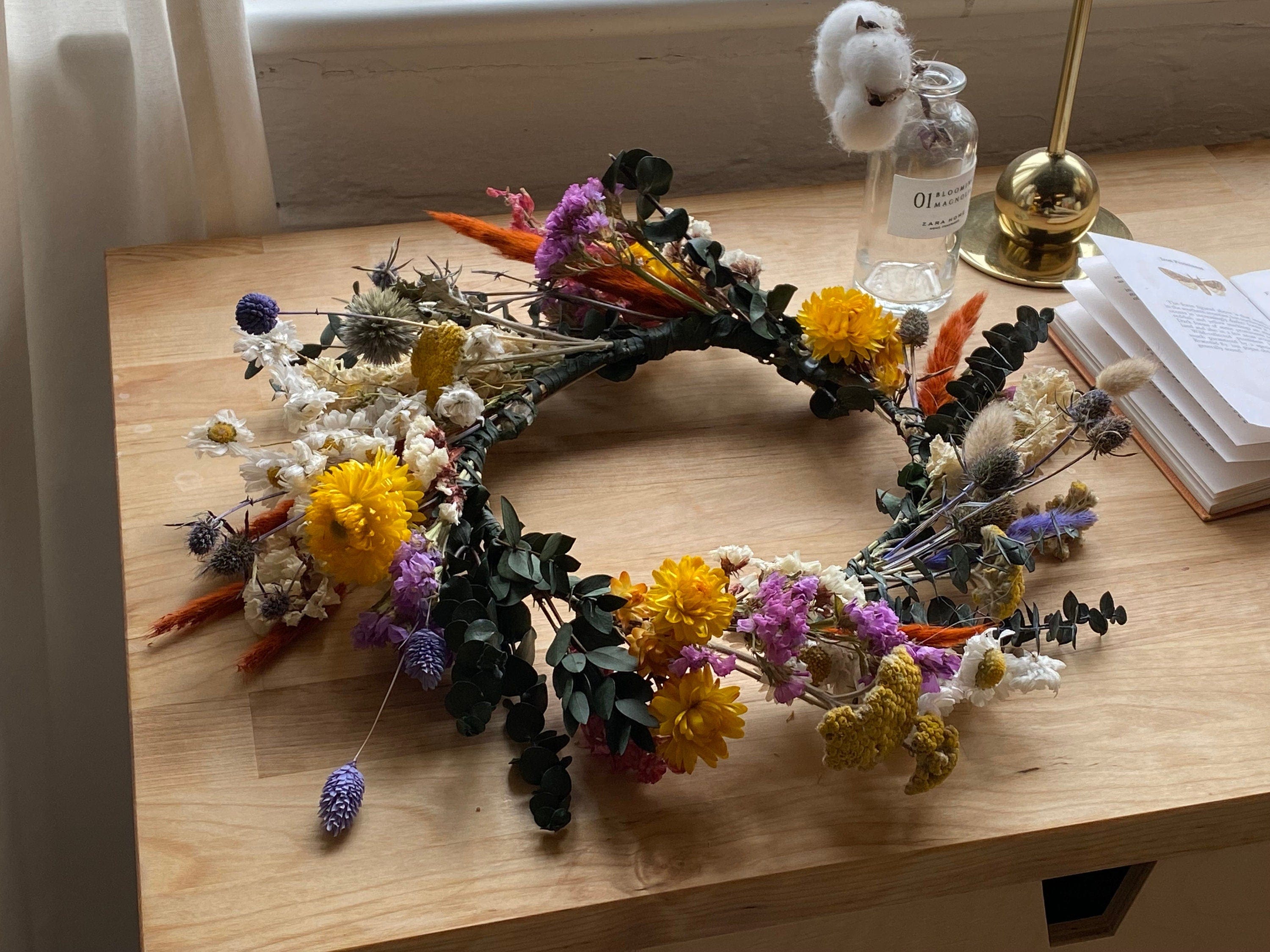 hiddenbotanicsweddings Hair Crowns Wildflower Eucalyptus, Daisies & Scottish Thistle Dried Flower Crown / Colourful Bridal Crown / Wedding Flower Crown