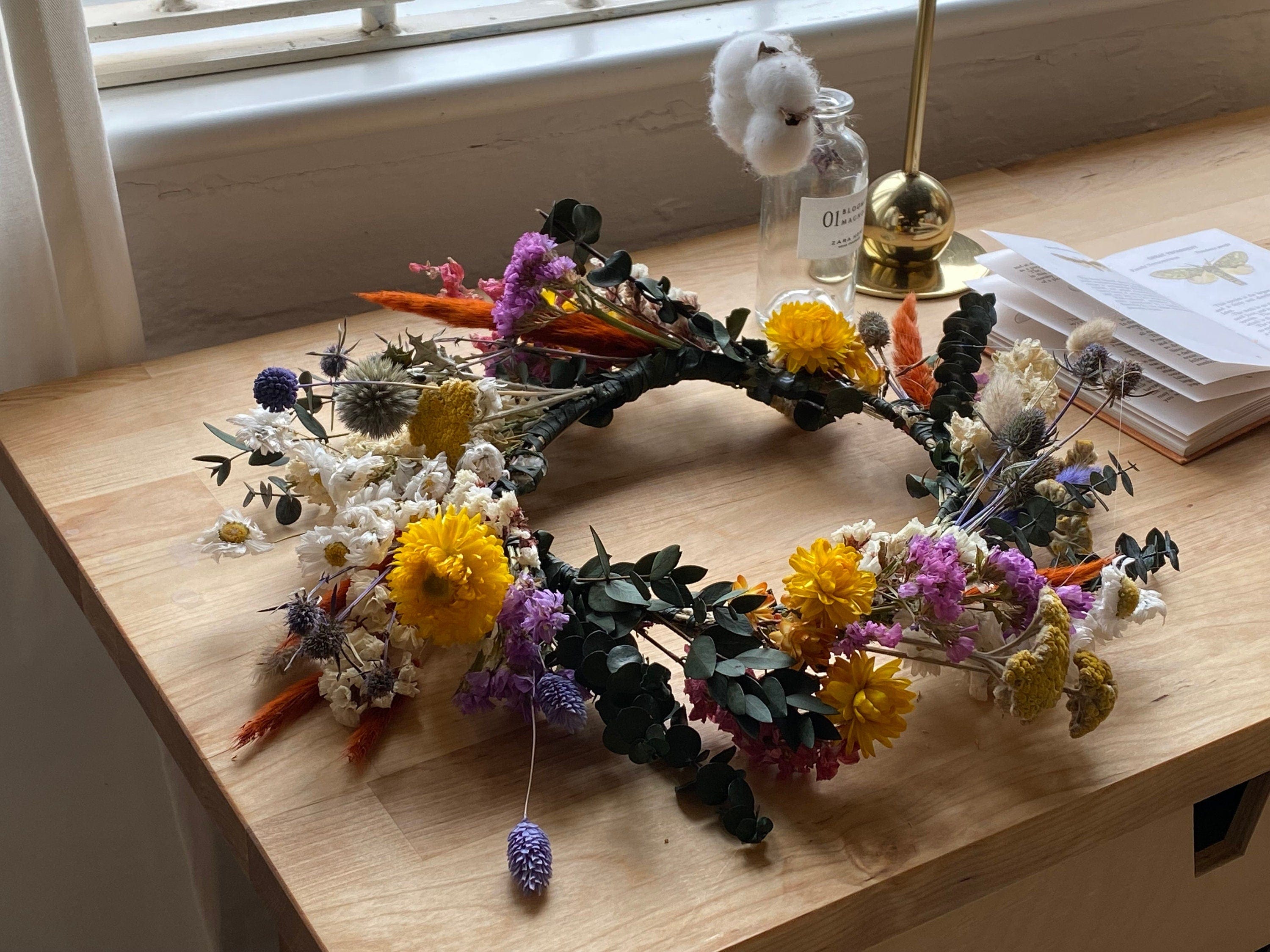 hiddenbotanicsweddings Hair Crowns Wildflower Eucalyptus, Daisies & Scottish Thistle Dried Flower Crown / Colourful Bridal Crown / Wedding Flower Crown