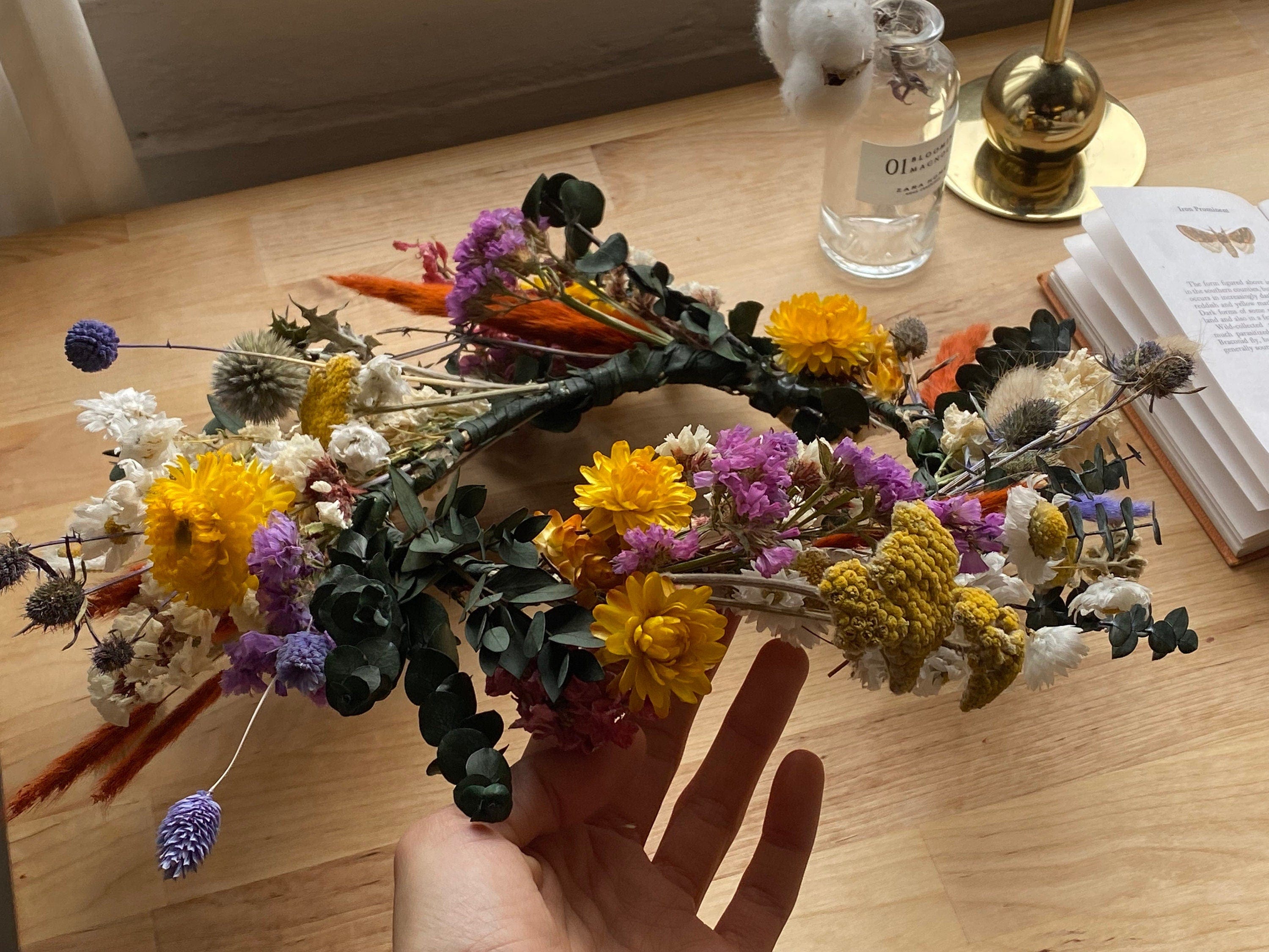 hiddenbotanicsweddings Hair Crowns Wildflower Eucalyptus, Daisies & Scottish Thistle Dried Flower Crown / Colourful Bridal Crown / Wedding Flower Crown