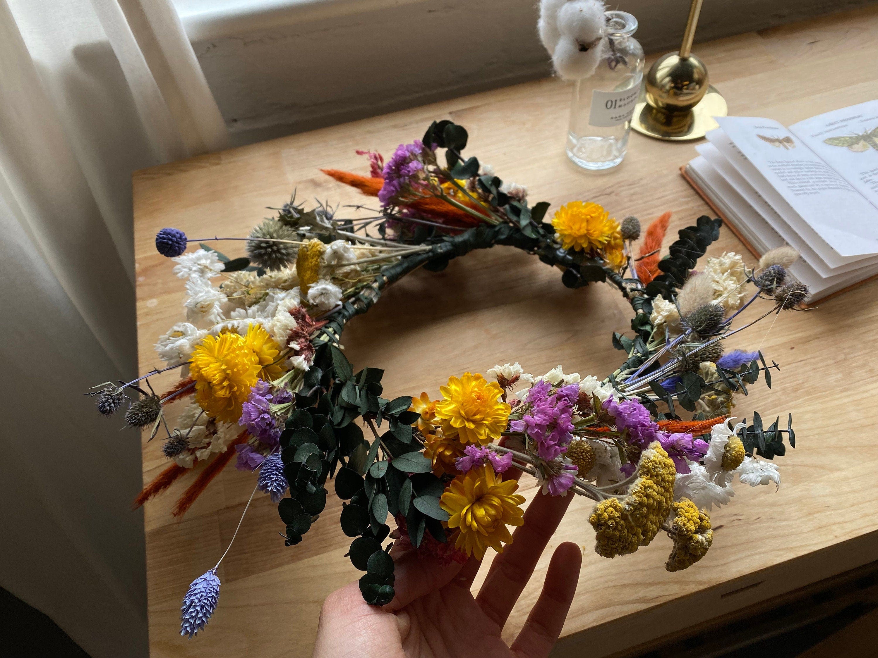 hiddenbotanicsweddings Hair Crowns Wildflower Eucalyptus, Daisies & Scottish Thistle Dried Flower Crown / Colourful Bridal Crown / Wedding Flower Crown