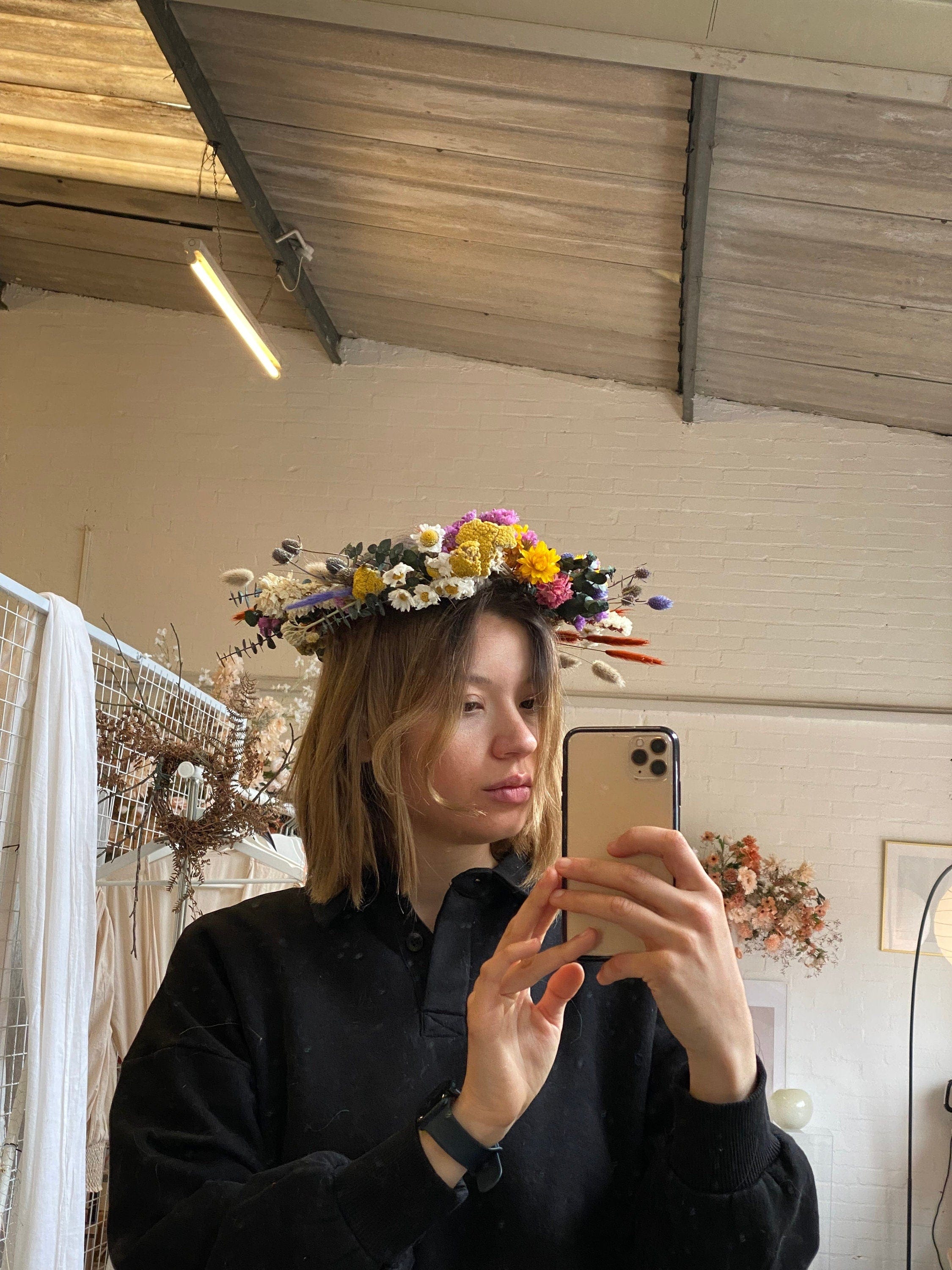 hiddenbotanicsweddings Hair Crowns Wildflower Eucalyptus, Daisies & Scottish Thistle Dried Flower Crown / Colourful Bridal Crown / Wedding Flower Crown