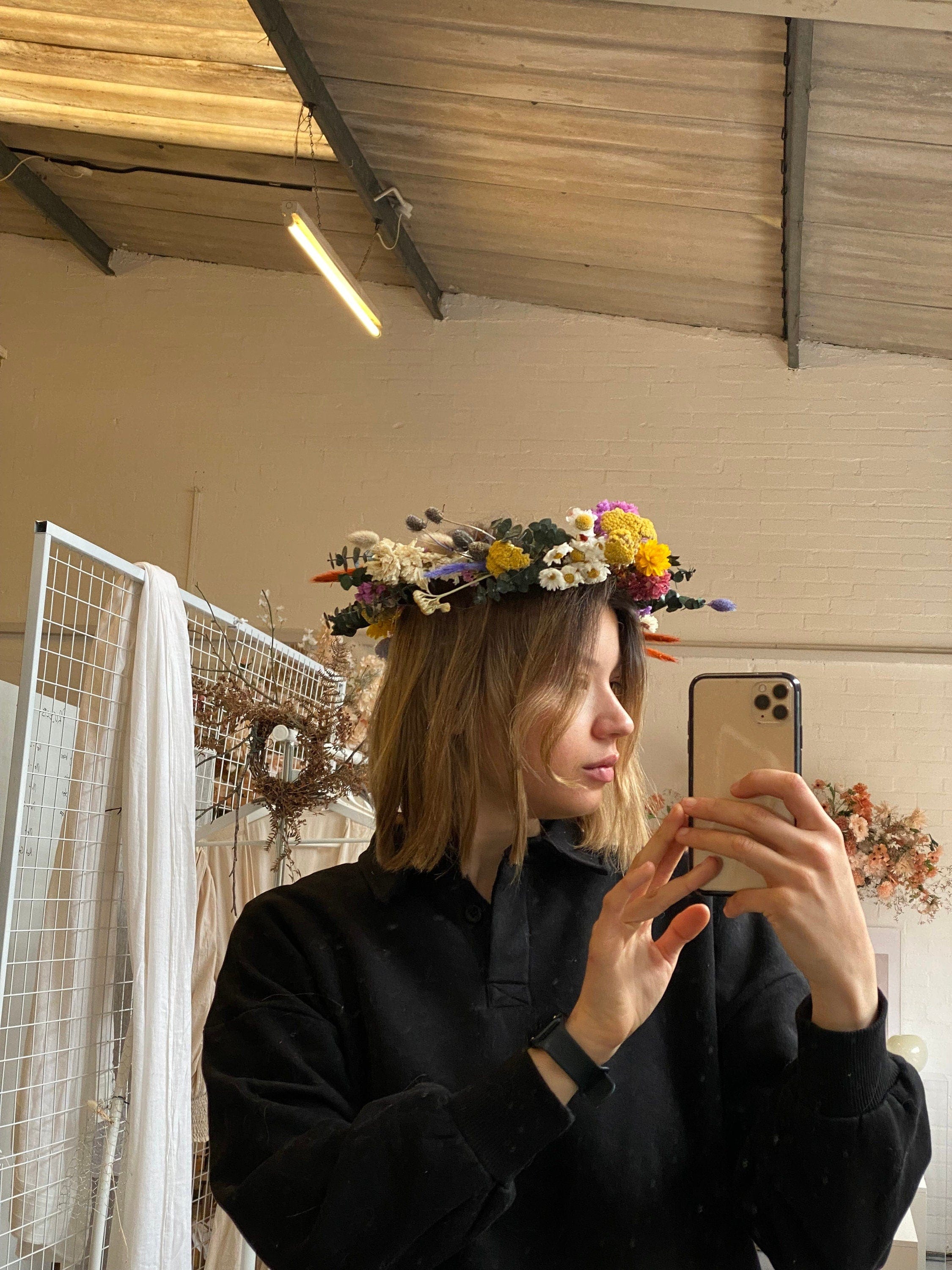 hiddenbotanicsweddings Hair Crowns Wildflower Eucalyptus, Daisies & Scottish Thistle Dried Flower Crown / Colourful Bridal Crown / Wedding Flower Crown