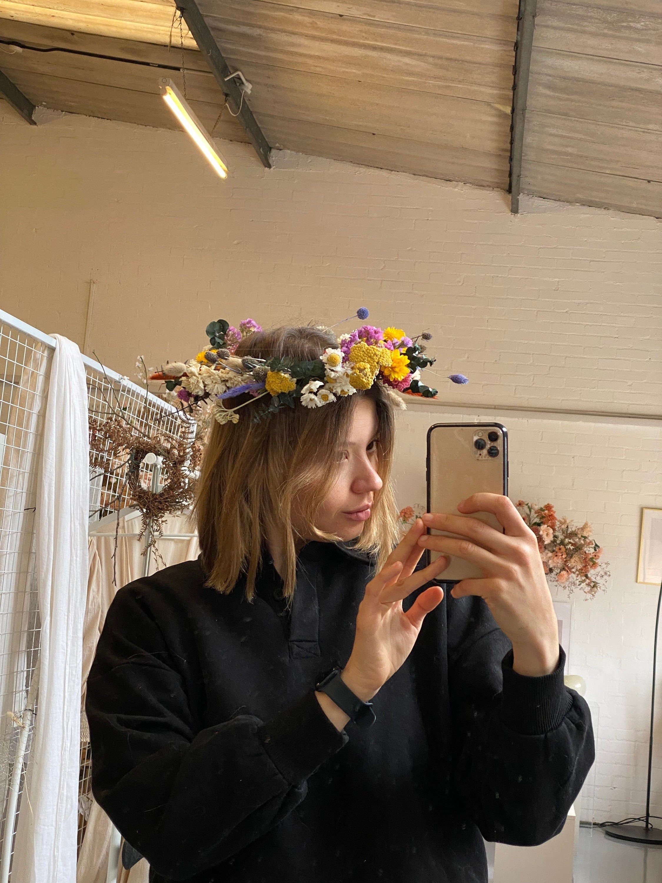 hiddenbotanicsweddings Hair Crowns Wildflower Eucalyptus, Daisies & Scottish Thistle Dried Flower Crown / Colourful Bridal Crown / Wedding Flower Crown