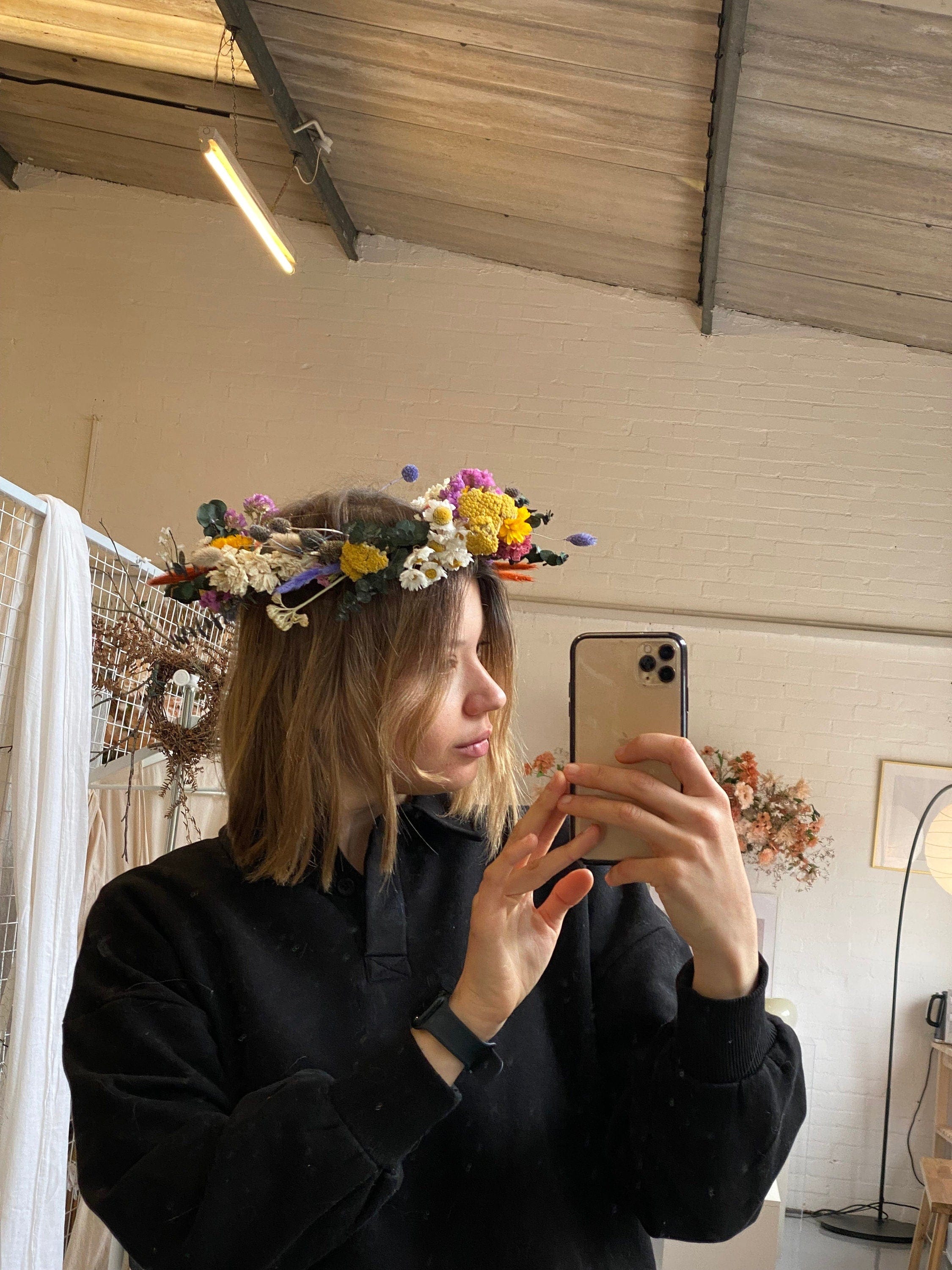 hiddenbotanicsweddings Hair Crowns Wildflower Eucalyptus, Daisies & Scottish Thistle Dried Flower Crown / Colourful Bridal Crown / Wedding Flower Crown